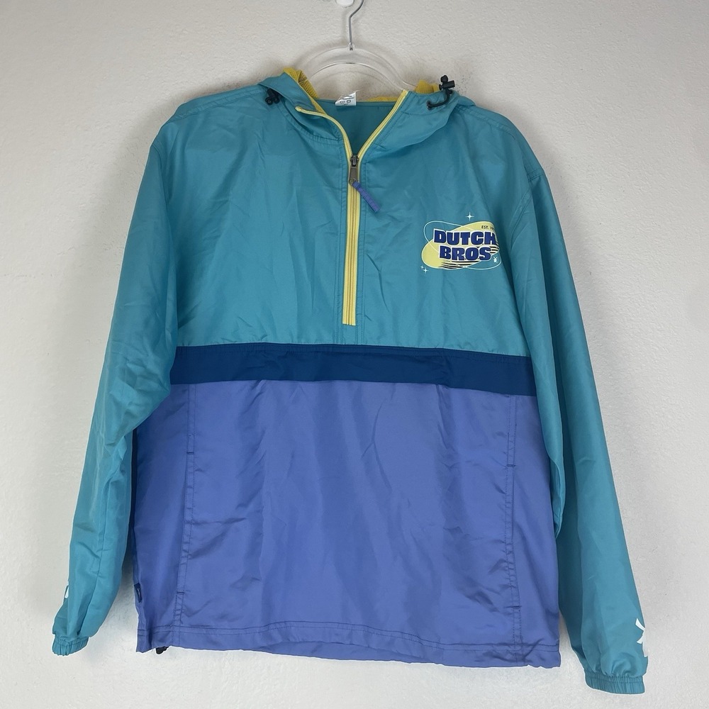 Dutch Bros Coffee Jacket Adult Medium Blue Windbreaker Half Zip Lightweight Hood